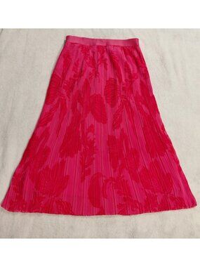 Beyond Words Pink Red Floral Pleated Midi Skirt Large NWT Lined Stretch Waist